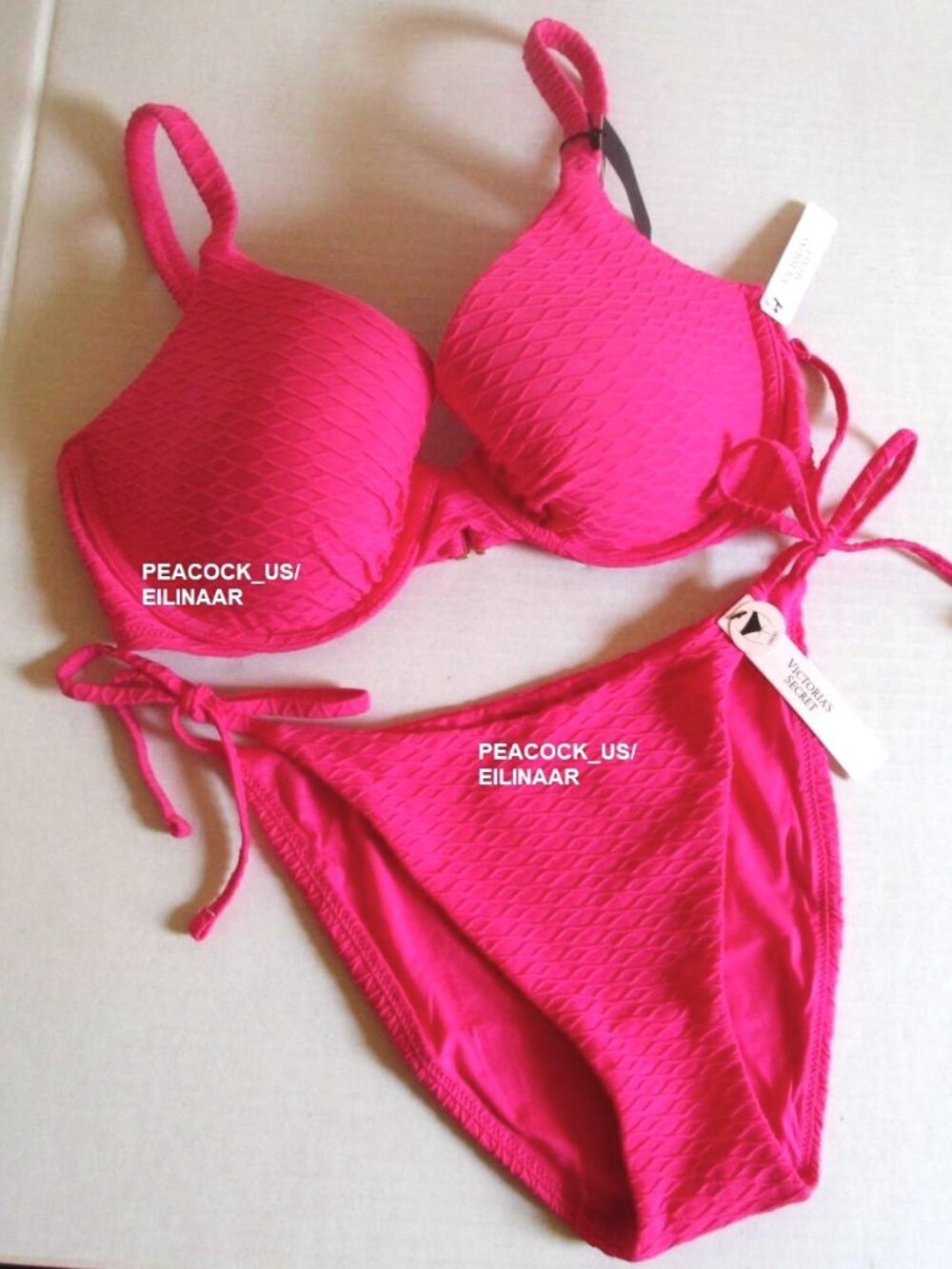 38DD/L Victoria Secret Swim Push Up Top Bikini Set Side Tie Cheeky Hot Pink
